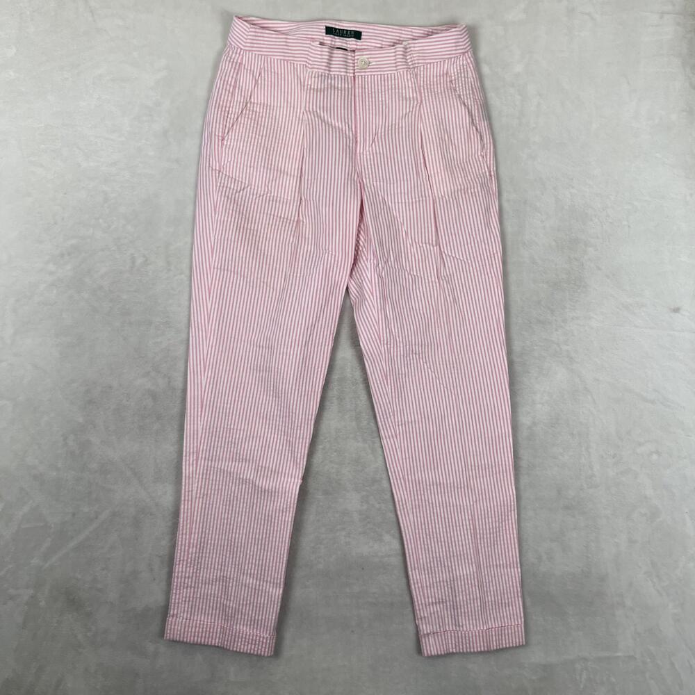 Lauren Ralph Lauren Pants Womens 6 Pink Twill Seersucker Chino Pleated Tapered